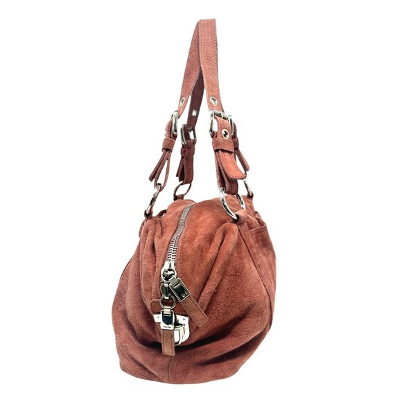 PRADA Vintage Logo Shoulder Bag Tote Red Brown Silver Handbag Suede Zip [105155] - Picture 8 of 13